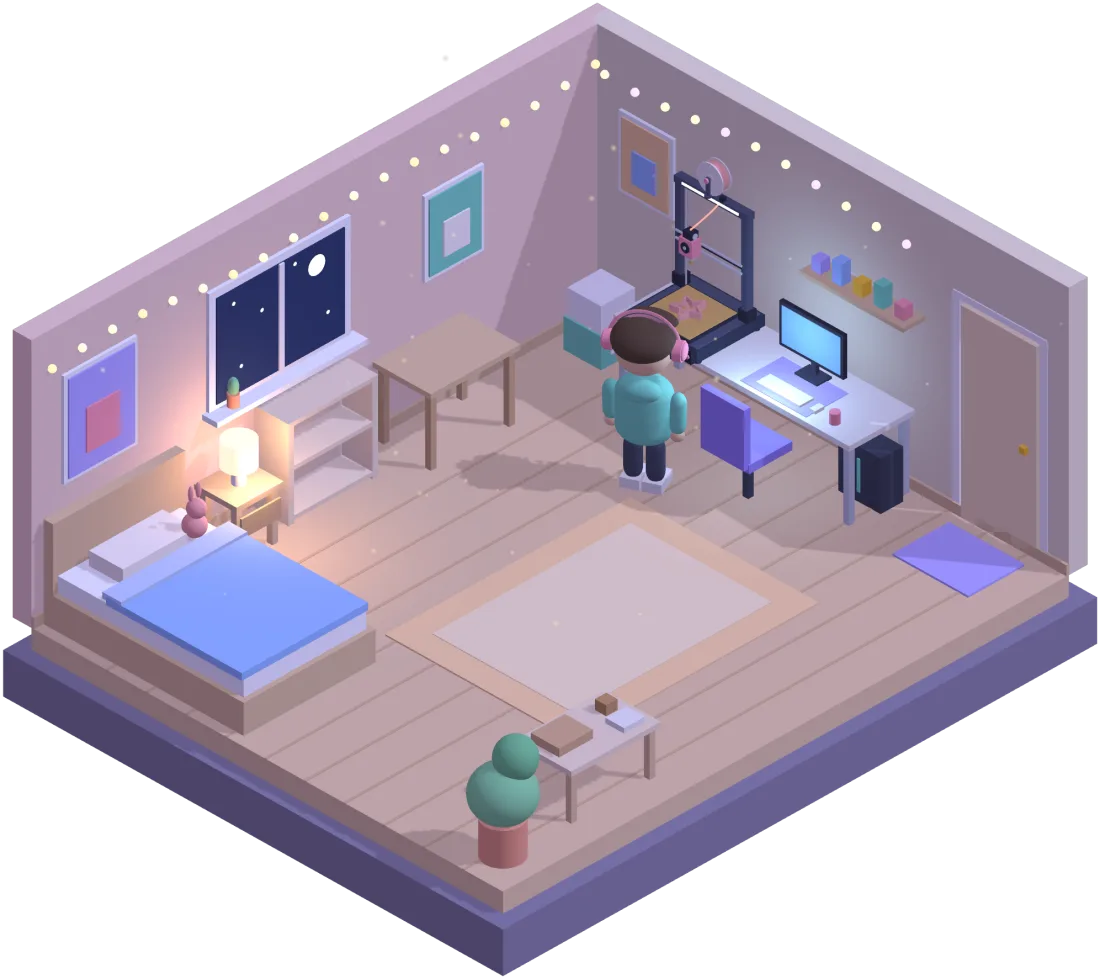 Isometric bedroom at night with a 3D printer on the desk and a maker in headphones