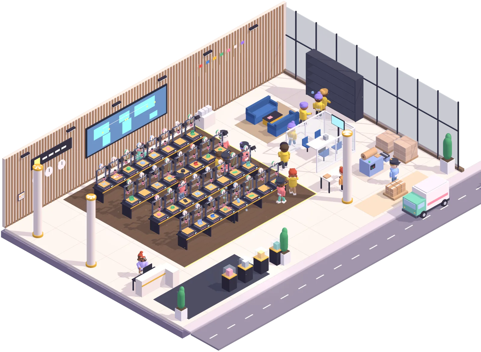 Isometric global headquarters with rows of 3D printers, staff, a showroom and a delivery van